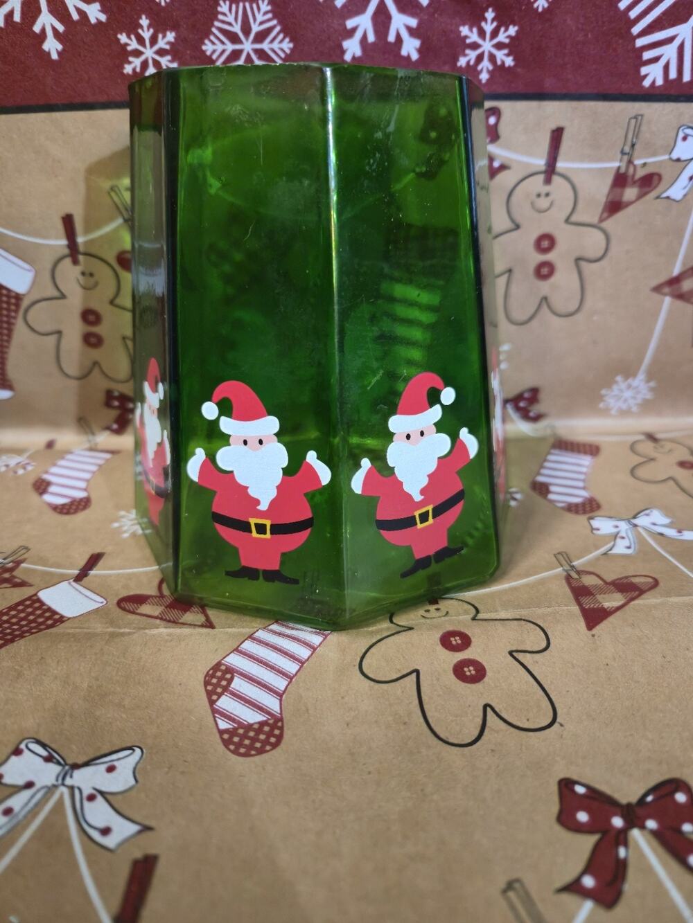 Vintage Green Glass Santa Candle Holder Octagon Christmas Luminary Decor